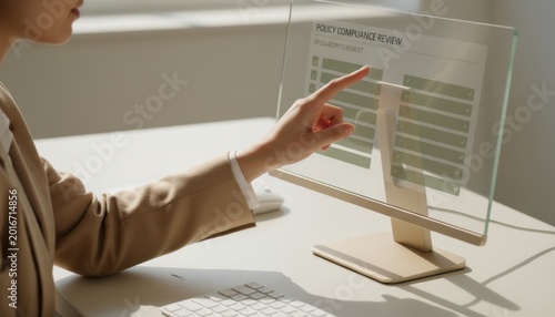 Person in beige blazer using a glass touchscreen displaying a digital checklist for regulatory compliance, corporate governance and software interface advertising