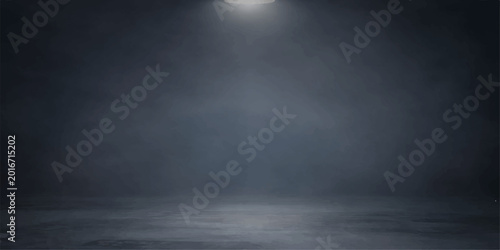 Obraz na płótnie An abstract night backdrop featuring a dark concrete wall in a misty room illumi