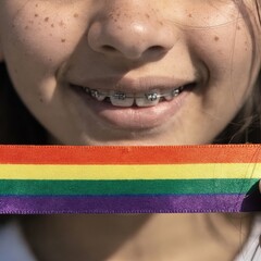Close up of a smiling girl with braces holding a rainbow ribbon for pride month awareness, lgbtq youth advocacy and mental health support campaigns