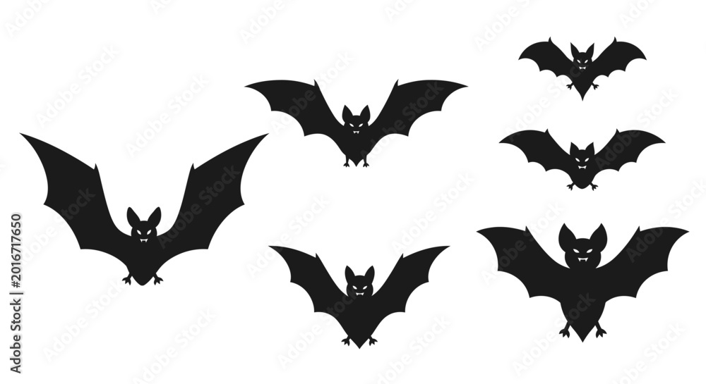 Fototapeta premium Collection of Black Bat Silhouettes Flying in Various Poses, Perfect for Halloween Decorations and Spooky Design Projects, Isolated on White Background