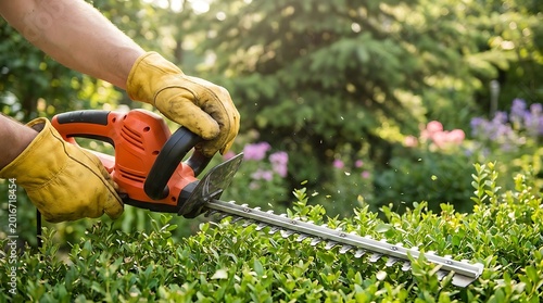 gardener trimming lawn with electric hedge trimmer in sunny backyard garden