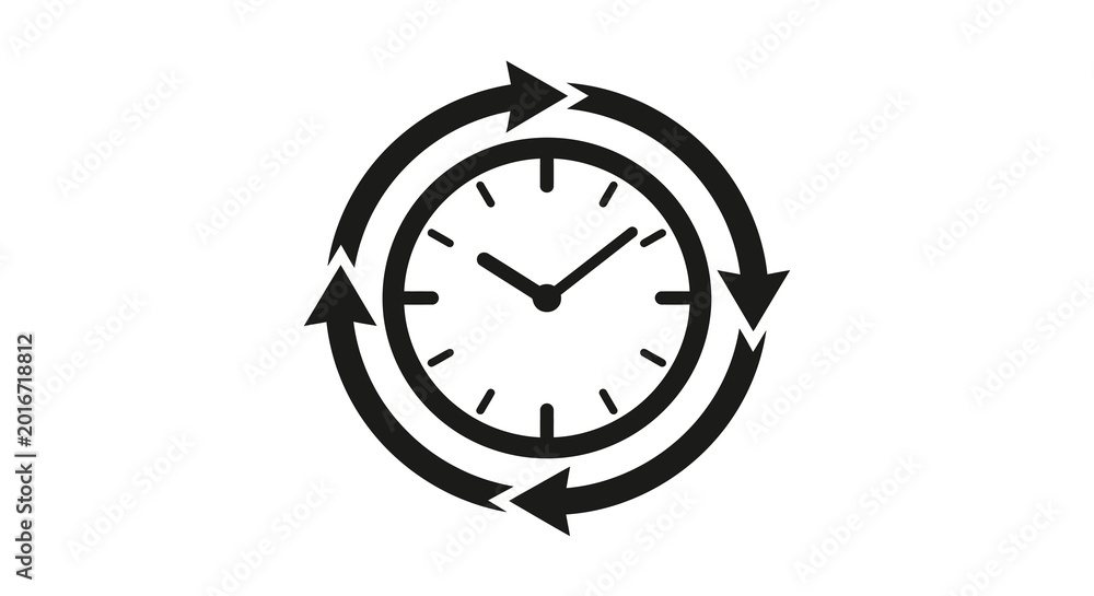 Fototapeta premium Clock with circular arrows time concept black silhouette