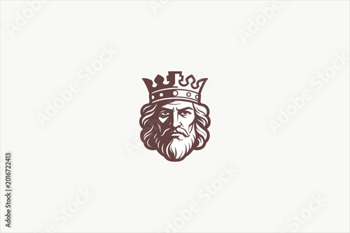 Vintage king mascot logo with crown and beard, royal medieval character illustration isolated on clean background for branding, emblem, tattoo, and luxury design. Vector illustration.