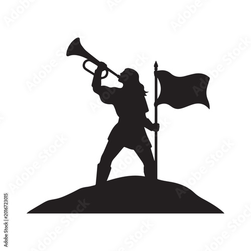 Tableau sur toile Silhouette Of A Man Playing Trumpet Standing On A Hill With Flag