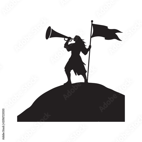 Fotografie Silhouette Of A Man Playing Trumpet Standing On A Hill With Flag
