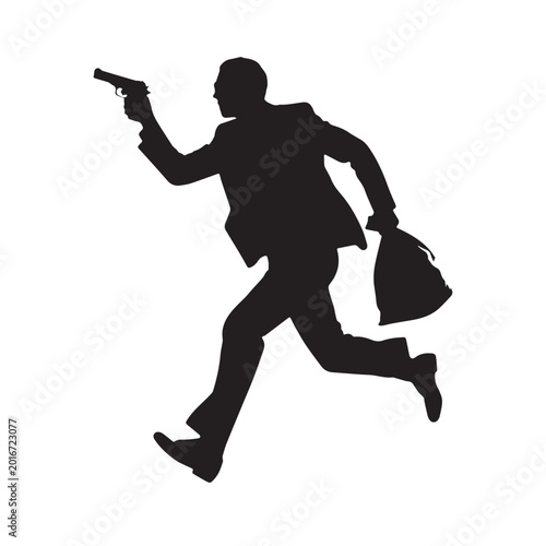 Schilderij op canvas Silhouette Of A Secret Agent Running With Gun And A Money Bag.