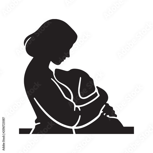  Silhouette Of A Young Woman Hugging Her Loyal Pet Dog With Love.