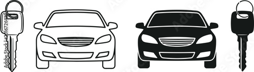 Schilderij op canvas Car key and automobile icon set front and side views