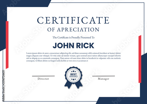 Landscape certificate of appreciation template with navy blue geometric corner shapes, red vertical stripe accents, circular best award seal with stars, and formal signature lines.