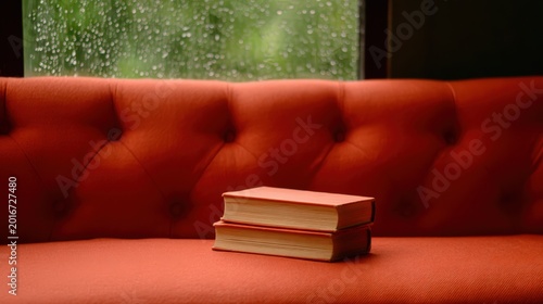 Two closed books rest on an orange tufted couch with a rainy window in the background, creating a cozy and serene atmosphere.