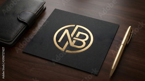 A luxurious gold monogram logo with the letters 'NB' inside a circle, placed on a black square card, next to a leather notebook and a golden pen on a wooden desk.