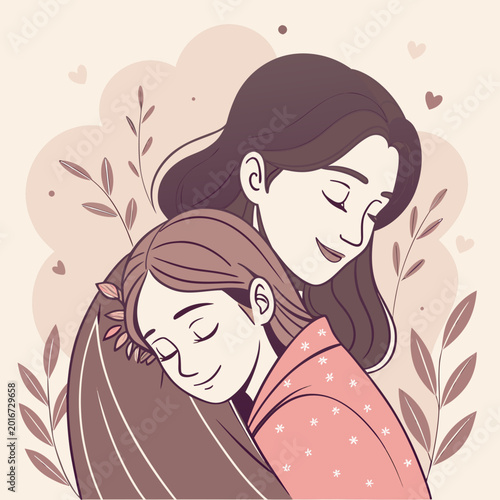 Obraz na plátně Mother embracing daughter tenderly with flowers.