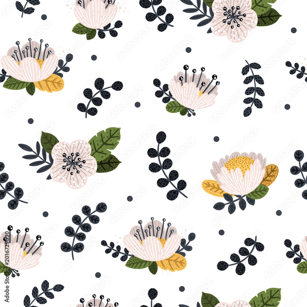 Modern floral seamless pattern featuring hand-drawn pastel pink blossoms, textured green and yellow leaves, dark grey botanical sprigs and polka dots on a clean white background.