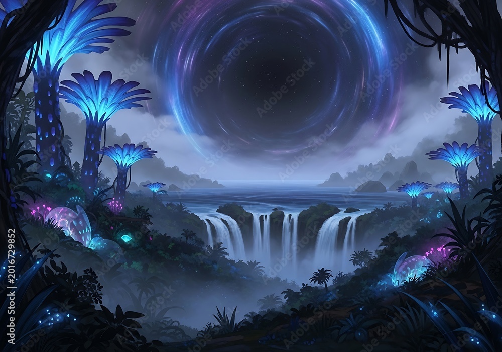 Fototapeta premium Fantasy landscape with glowing trees and waterfall beneath a cosmic portal