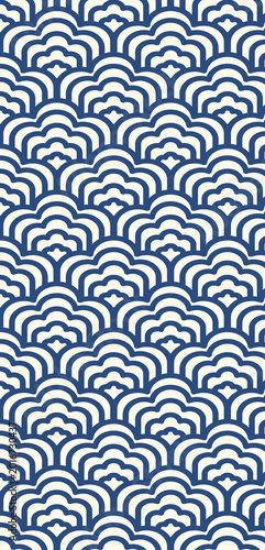 Obraz na plátně Vertical repeating Japanese pattern featuring stylized navy blue wave and cloud motifs with geometric floral scalloped edges on a cream background for textile design