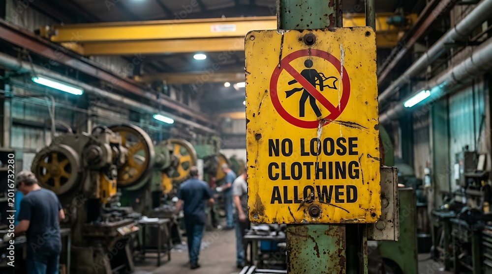 Fototapeta premium Warning sign prohibits loose clothing in industrial factory with machinery and workers, safety rules and regulations for workplace.