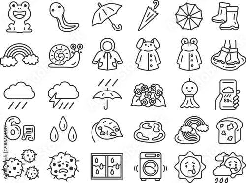 梅雨の30アイコン（線画）のイラストセット