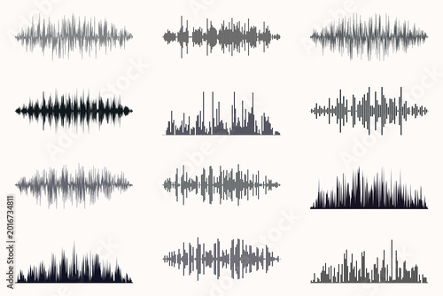 Photos Collection of diverse dark audio waveforms and sound visualizations on white equ