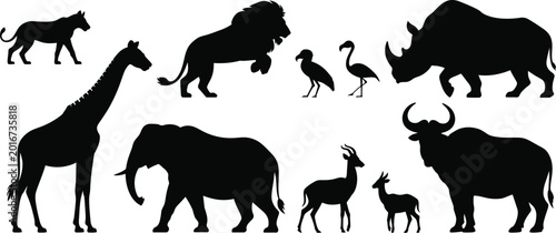 Foto Black silhouettes of african safari animals