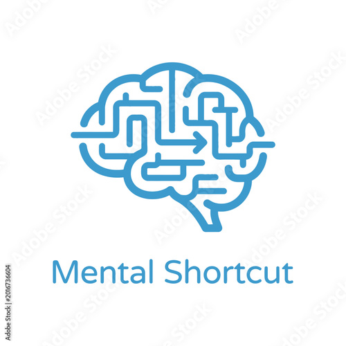 Mental shortcut brain icon, simplified path inside head outline, fast thinking seminar graphic, heuristic decision session, behavioral science vector illustration