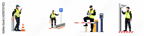 Fotografija Set of Professional Security Guards Working at Parking Lot Entrances, Monitoring