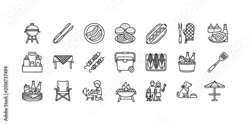 Εκτύπωση καμβά Icon set collection of barbecue grilling and outdoor picnic elements including grills, burgers, hot dogs, coolers, camping chairs, and family gathering symbols