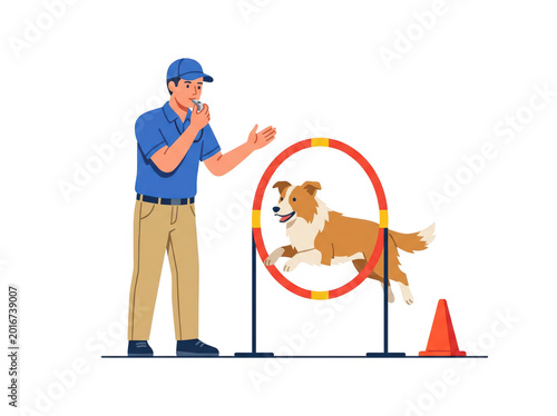 A dog trainer directing a dog jumping through a hoop during an agility training session isolated on transparent background
