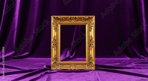 An ornate vintage gold picture frame centered on a deep royal purple velvet backdrop, providing a luxurious space for creative artwork, template, background, art