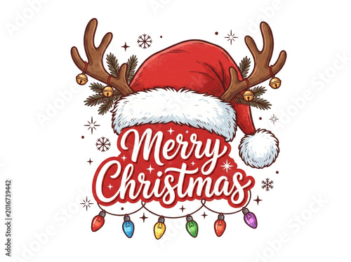 Merry christmas festive illustration with santa hat and reindeer antlers isolated on transparent background