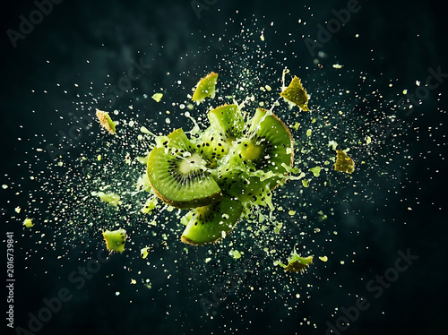 Exploding kiwi fruit with flying pieces and juice splashes