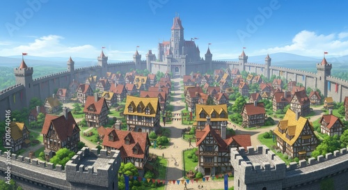 Panoramic aerial view of a sprawling medieval fantasy town featuring stone fortifications, timbered cottages, and winding cobbled paths, street, landscape, panoramic