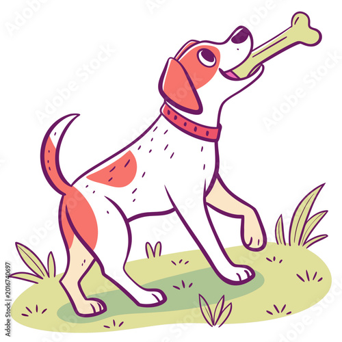 Картината върху платно Spotted pointer dog catching bone in green field.