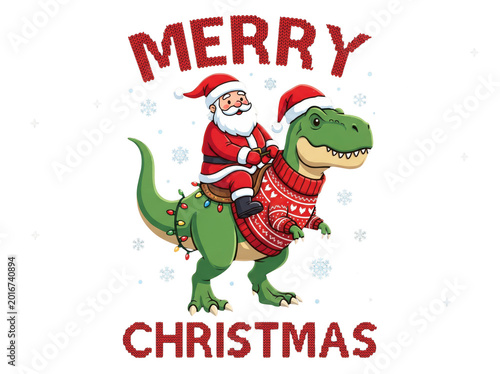 Merry christmas illustration featuring santa claus riding a trex dinosaur wearing a festive ugly sweater isolated on transparent background