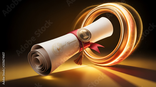 Rolled up scroll with a red ribbon and a glowing golden ring document certificate parchment education knowledge learning information literature achievement recognition circular discovery