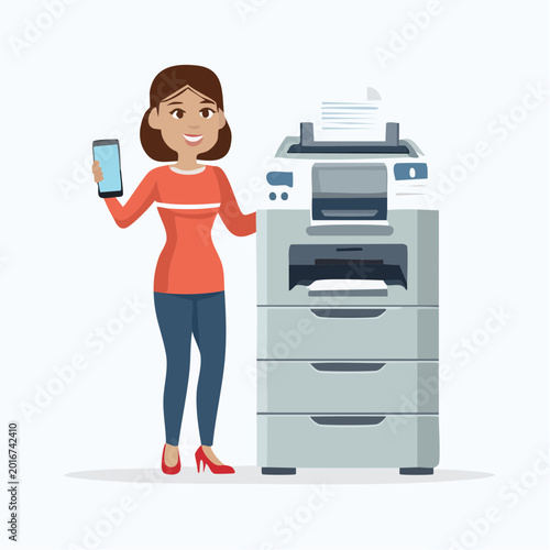 Woman with Smartphone and Office Printer