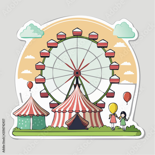 Amusement Park Scene with Ferris Wheel and Tents