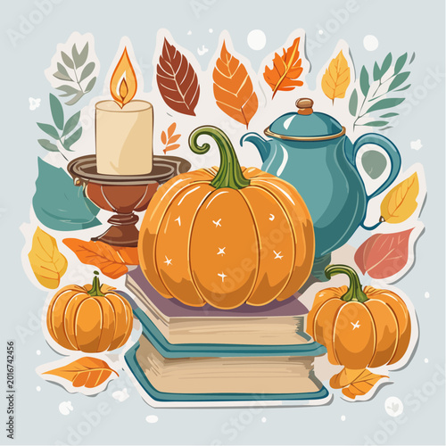Autumn Still Life with Pumpkins, Candle, and Teapot