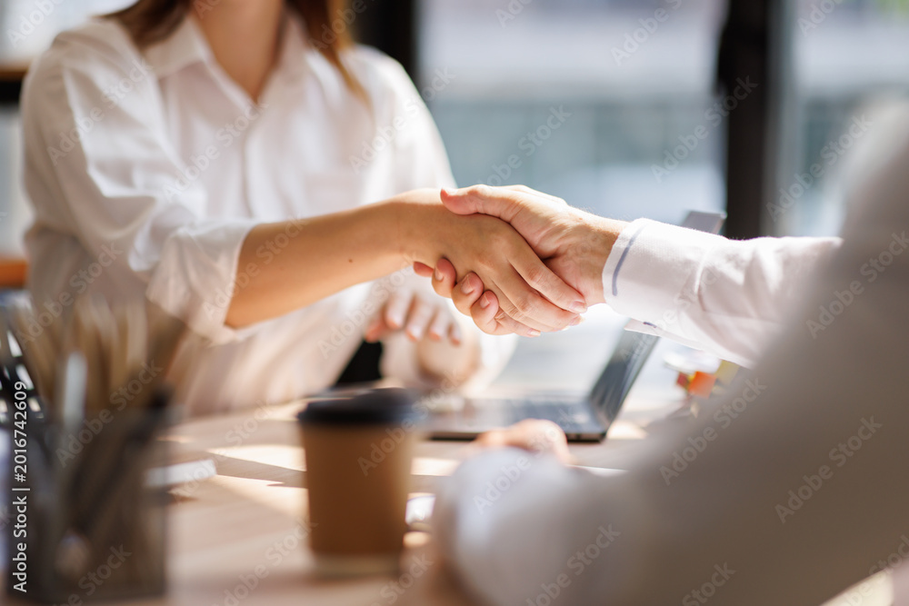 Obraz premium Business people shaking hands confirming a partnership agreement
