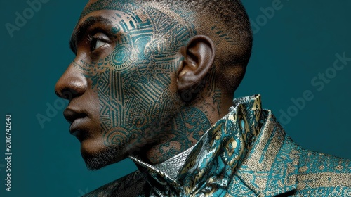 Opulent patterned suit portrait with Afrofuturist face markings detailed body art full creative expression unique textures isolated on white background