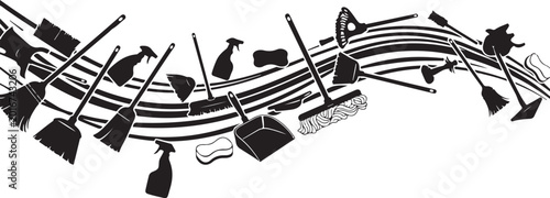 Cleaning tools and brooms in musical notes design