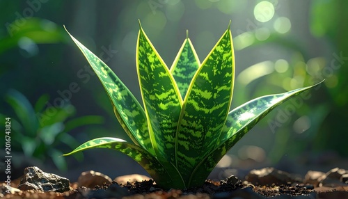Vibrant Snake Plant Growing in Rich Soil with Soft Bokeh Background.