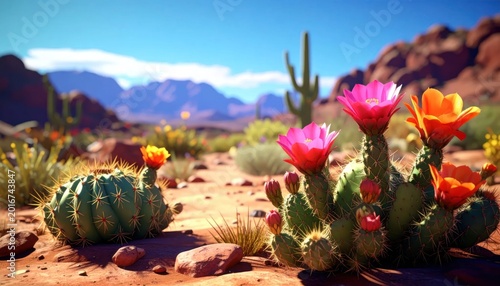 Vibrant Desert Landscape with Blooming Cacti Under a Clear Blue Sky.