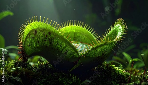 Close-up of a Venus Flytrap plant with its traps open, showcasing its intricate details and vibrant green color.