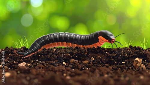 Close-up of a colorful millipede crawling on dark soil with green bokeh background.