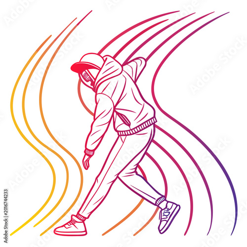 Fotografia Dynamic street dancer performing with colorful wavy lines.