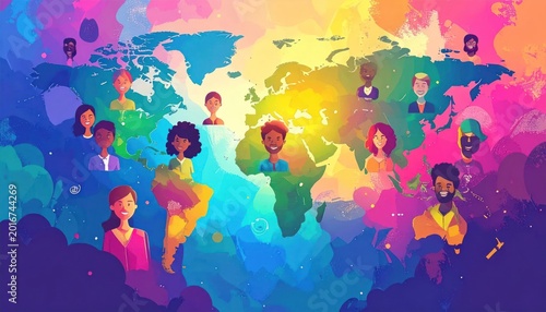 Global Community Connection Diverse People World Map Vibrant Colors.