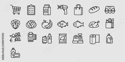 Photos Icon set collection of supermarket shopping elements, including fresh produce, dairy, checkout equipment, retail symbols, and essential household grocery items icons
