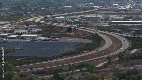 Aerial of solar farm along Interstate 70 in Grand Junction Colorado