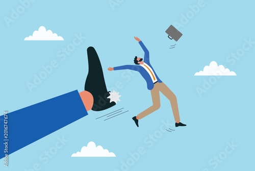 Obraz na plátne Vector illustration of businessman being kicked away by giant foot, symbolizing