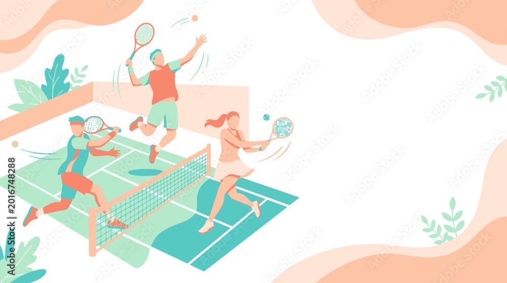 Obraz premium Energetic outdoor group plays volleyball on a bright court with a net and jumping players.